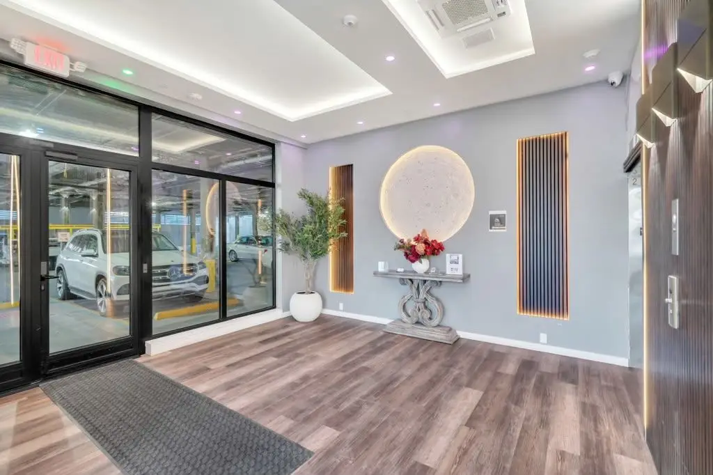 Building lobby entrance with glass doors